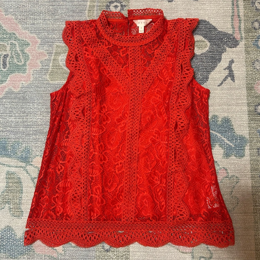 Beautiful orange/coral sleeveless top with lace overlay, shell underneath.